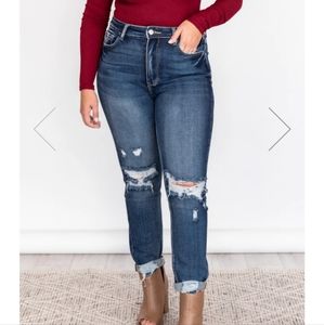 DARK WASH CUFFED HEM DISTRESSED MOM JEANS